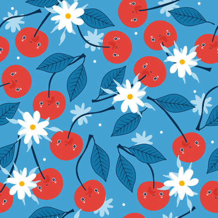 Cherries, flowers, hand drawn seamless pattern. Overlapping background, berries vector. Colorful...