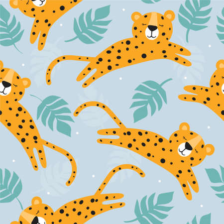 Leopards, palm leaves, hand drawn backdrop. Colorful seamless pattern with animals. Decorative cute wallpaper, good for printing. Overlapping background vector. Design illustrationのイラスト素材