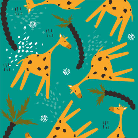 Giraffes and palm trees, hand drawn backdrop. Colorful seamless pattern with animals. Decorative cute wallpaper, good for printing. Overlapping background vector. Design illustrationのイラスト素材