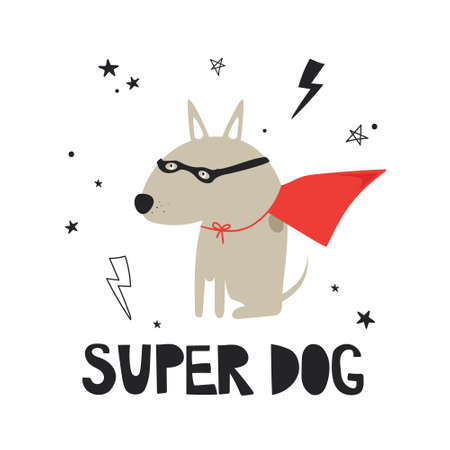 Hand drawn illustration with dog and lettering. Colorful cute background vector. Super dog, poster design. Backdrop with english text, animal, lightnings. Funny card, phraseのイラスト素材
