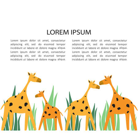 Hand drawn illustration with giraffes, grass and place for text. Colorful background. Poster design with animals. Decorative backdrop vector. Funny cardのイラスト素材