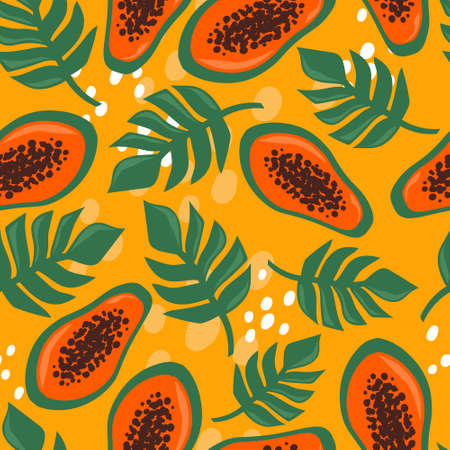 Papaya background. Hand drawn overlapping backdrop. Colorful wallpaper vector. Seamless pattern with fresh fruits. Decorative illustration, good for printingのイラスト素材