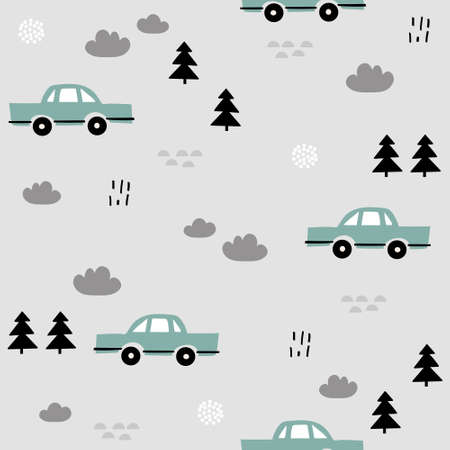 Seamless pattern with cars, fir trees, hand drawn overlapping backdrop. Colorful background vector. Illustration with automobiles. Decorative wallpaper, good for printingのイラスト素材