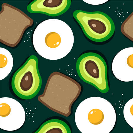 Colorful seamless pattern with fried egg, bread, avocado. Vector backdrop with food. Decorative...