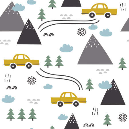 Seamless pattern with cars, fir trees, mountains, hand drawn overlapping backdrop. Colorful background vector. Illustration with automobiles. Decorative wallpaper, good for printingのイラスト素材