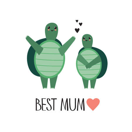 Decorative cute illustration with turtles and english text, poster design. Colorful background...