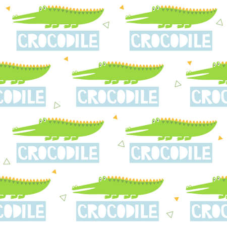 Crocodiles, english text, hand drawn backdrop. Colorful seamless pattern with animals. Decorative cute wallpaper, good for printing. Overlapping background vector. Design illustrationのイラスト素材