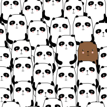 Pandas, bears, hand drawn backdrop. Colorful seamless pattern with animals. Decorative cute wallpaper, good for printing. Overlapping background vector. Design illustrationのイラスト素材