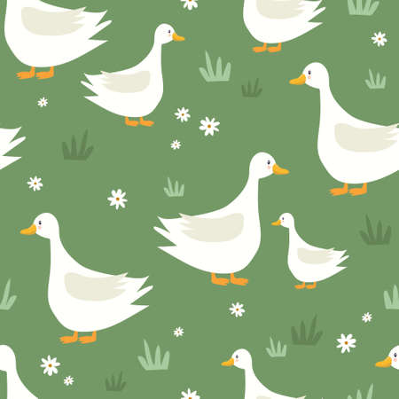 Seamless pattern, birds, hand drawn overlapping backdrop. Colorful background vector. Cute illustration, geese, flowers. Decorative wallpaper, good for printingのイラスト素材