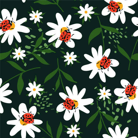 Seamless pattern, ladybugs and flowers, hand drawn overlapping backdrop. Colorful background vector.のイラスト素材
