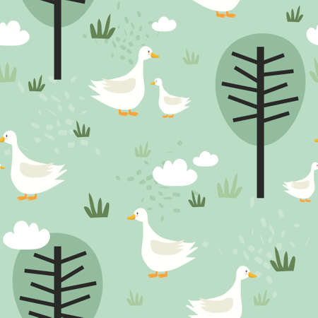 Seamless pattern, birds, hand drawn overlapping backdrop. Colorful background vector. Cute illustration, geese, trees. Decorative wallpaper, good for printingのイラスト素材
