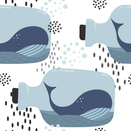 Happy whales, hand drawn seamless pattern. Marine background vector. Colorful illustration, overlapping backdrop. Decorative cute wallpaper, good for printingのイラスト素材