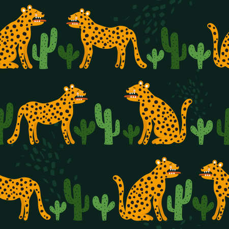 Leopards, cactuses, hand drawn backdrop. Colorful seamless pattern with animals. Decorative cute wallpaper, good for printing. Overlapping background vector. Design illustrationのイラスト素材