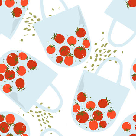 Fresh tomatoes, hand drawn seamless pattern. Overlapping background, vegetables vector. Colorful illustration with food. Decorative wallpaper, good for printing. Design backdrop, tomatoのイラスト素材