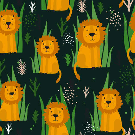 Lions, plants, hand drawn backdrop. Colorful seamless pattern with animals. Decorative cute wallpaper, good for printing. Overlapping background vector. Design illustrationのイラスト素材