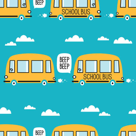 Yellow buses, hand drawn backdrop. Colorful seamless pattern with transport. Decorative cute wallpaper, good for printing. Overlapping colored background vectorのイラスト素材