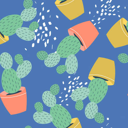 Potted cacti, hand drawn overlapping background. Decorative wallpaper, good for printing. Colorful seamless pattern with houseplants. Illustration vector, house plants in potsのイラスト素材