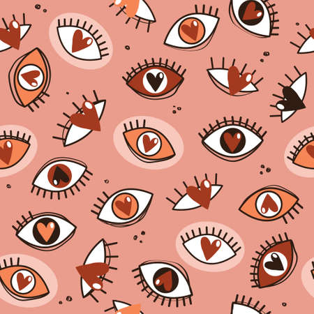 Collection of eyes with eyelashes, hearts, hand drawn backdrop. Colorful seamless pattern vector. Decorative wallpaper, good for printing. Overlapping background with organ of visionのイラスト素材