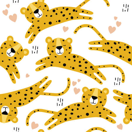 Leopards, hand drawn backdrop. Colorful seamless pattern with animals. Decorative cute wallpaper, good for printing. Overlapping background vector. Design illustrationのイラスト素材