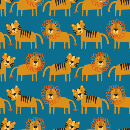 Tigers, lions, hand drawn backdrop. Colorful seamless pattern with animals. Decorative cute wallpaper, good for printing. Overlapping background vector. Design illustrationのイラスト素材