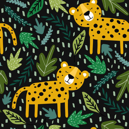 Leopards, leaves, hand drawn backdrop. Colorful seamless pattern with animals. Decorative cute wallpaper, good for printing. Overlapping background. Design illustrationのイラスト素材