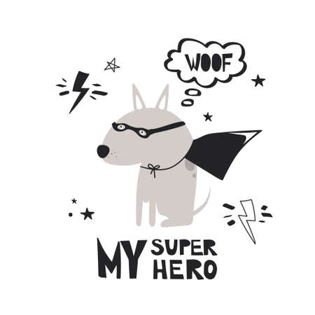 Hand drawn illustration with dog and lettering. Colorful cute background.のイラスト素材