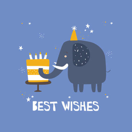 Hand drawn illustration, elephant, cake, stars, english text. Colorful background vector. Poster design with animal. Best wishes. Decorative backdrop, good for printingのイラスト素材