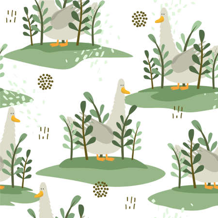 Seamless pattern, birds, hand drawn overlapping backdrop. Colorful background vector. Cute illustration, geese, plants. Decorative wallpaper, good for printingのイラスト素材