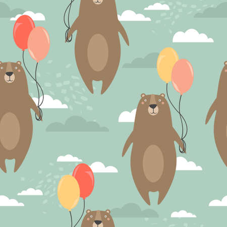 Bears, air balloons, hand drawn backdrop. Colorful seamless pattern with animals. Decorative cute wallpaper, good for printing. Overlapping colored background vector. Design illustrationのイラスト素材