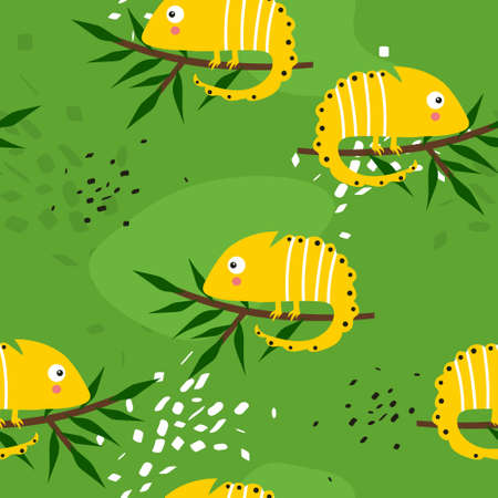 Chameleons, branches, hand drawn backdrop. Colorful seamless pattern with reptiles. Decorative cute wallpaper, good for printing. Overlapping background vector. Design illustrationのイラスト素材