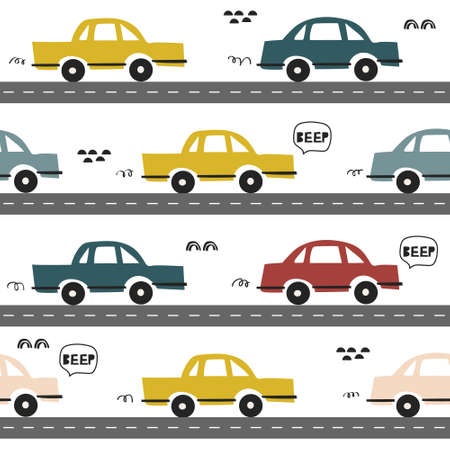 Seamless pattern with cars, roads, hand drawn overlapping backdrop. Colorful background vector. Illustration with automobiles.のイラスト素材