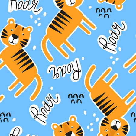 Tigers, english text, hand drawn backdrop. Colorful seamless pattern with animals.