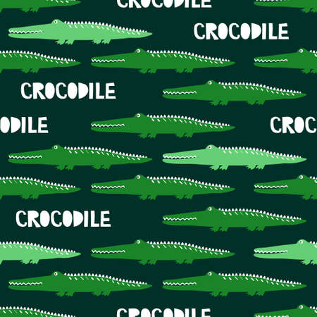 Crocodiles, english text, hand drawn backdrop. Colorful seamless pattern with animals. Decorative cute wallpaper, good for printing. Overlapping background vector. Design illustrationのイラスト素材