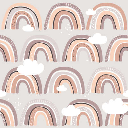 Rainbow, clouds, hand drawn backdrop. Colorful seamless pattern. Decorative cute wallpaper, good for printing. Overlapping colored background vector. Design illustrationのイラスト素材