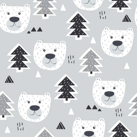 Seamless pattern, bears, fir trees, hand drawn overlapping backdrop. Colorful background vector. Illustration with animals. Decorative wallpaper, good for printingのイラスト素材