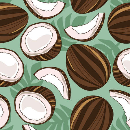Exotic fruits, hand drawn overlapping background. Colorful tropical wallpaper vector. Seamless pattern with coconuts, palm leaves. Decorative colored illustration, good for printingのイラスト素材