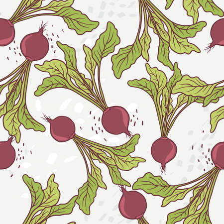 Beets, hand drawn seamless pattern. Overlapping background, vegetables vector. Colorful illustration...