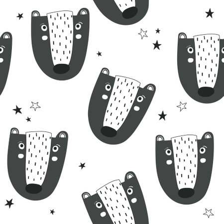 Seamless pattern, bears, stars, hand drawn overlapping backdrop. Black and white background vector. Illustration with animals. Decorative wallpaper, good for printingのイラスト素材