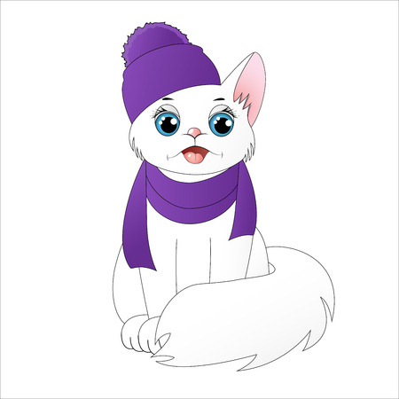White cartoon cat in a winter hatのイラスト素材
