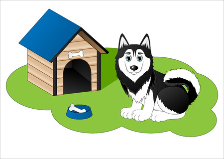 Cute cartoon husky next to dog houseのイラスト素材