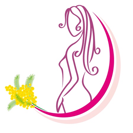 stylized woman  with mimosa on  a white backgroundのイラスト素材