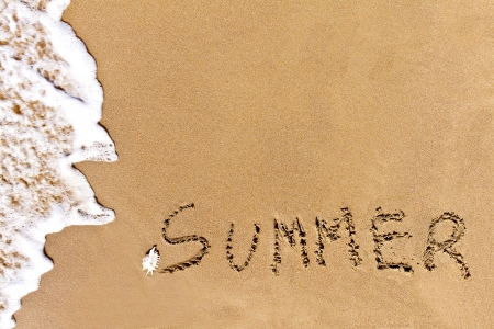 written summer drawn on the sand on a beachの写真素材