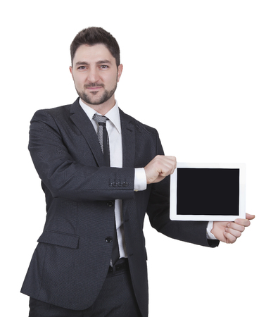 middle-aged businessman with blue suit showing tabletの写真素材