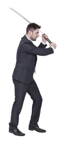 Warrior businessman with black suit and a katana in his handsの写真素材