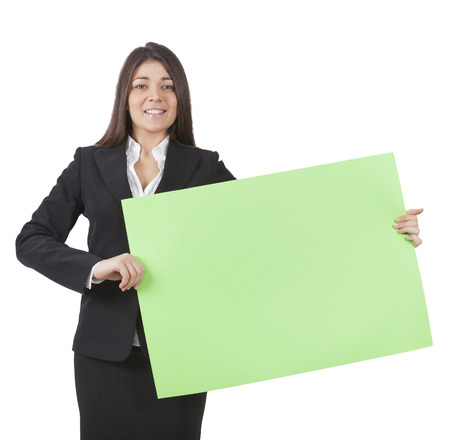A businesswoman is keeping big green signboardの写真素材