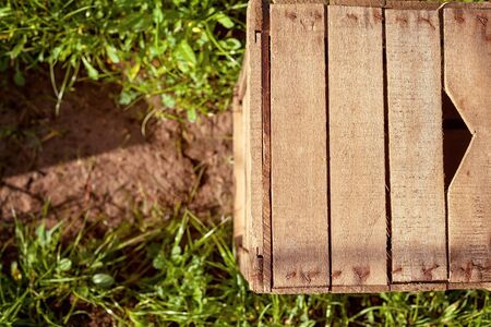 Wooden crate resting on the soil of countrysideの写真素材