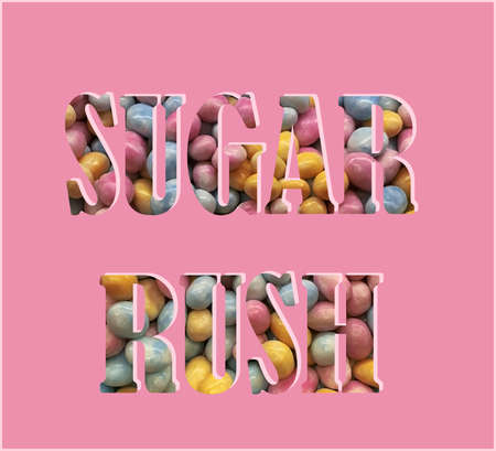 SUGAR RUSH text filled with colorfull candies , Pink background , cute bannerの写真素材