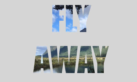 " FLY AWAY " text , pale background , with nature filling inside textの写真素材