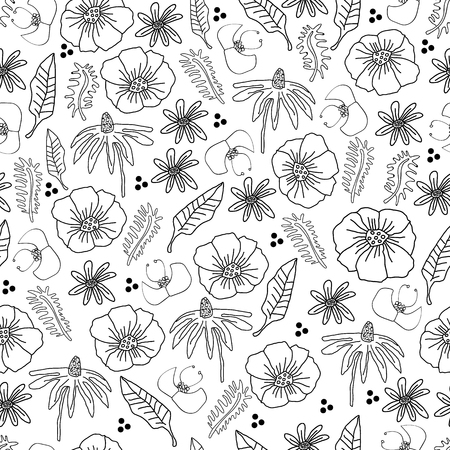 Line Flowers Illustration-Monochromatic Flowers. Seamless Repeat Pattern Background .の写真素材