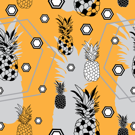 Pinapple Festival-Fruit Delight. Seamless Repeat Pattern Background in Yellow Black and Whiteの写真素材